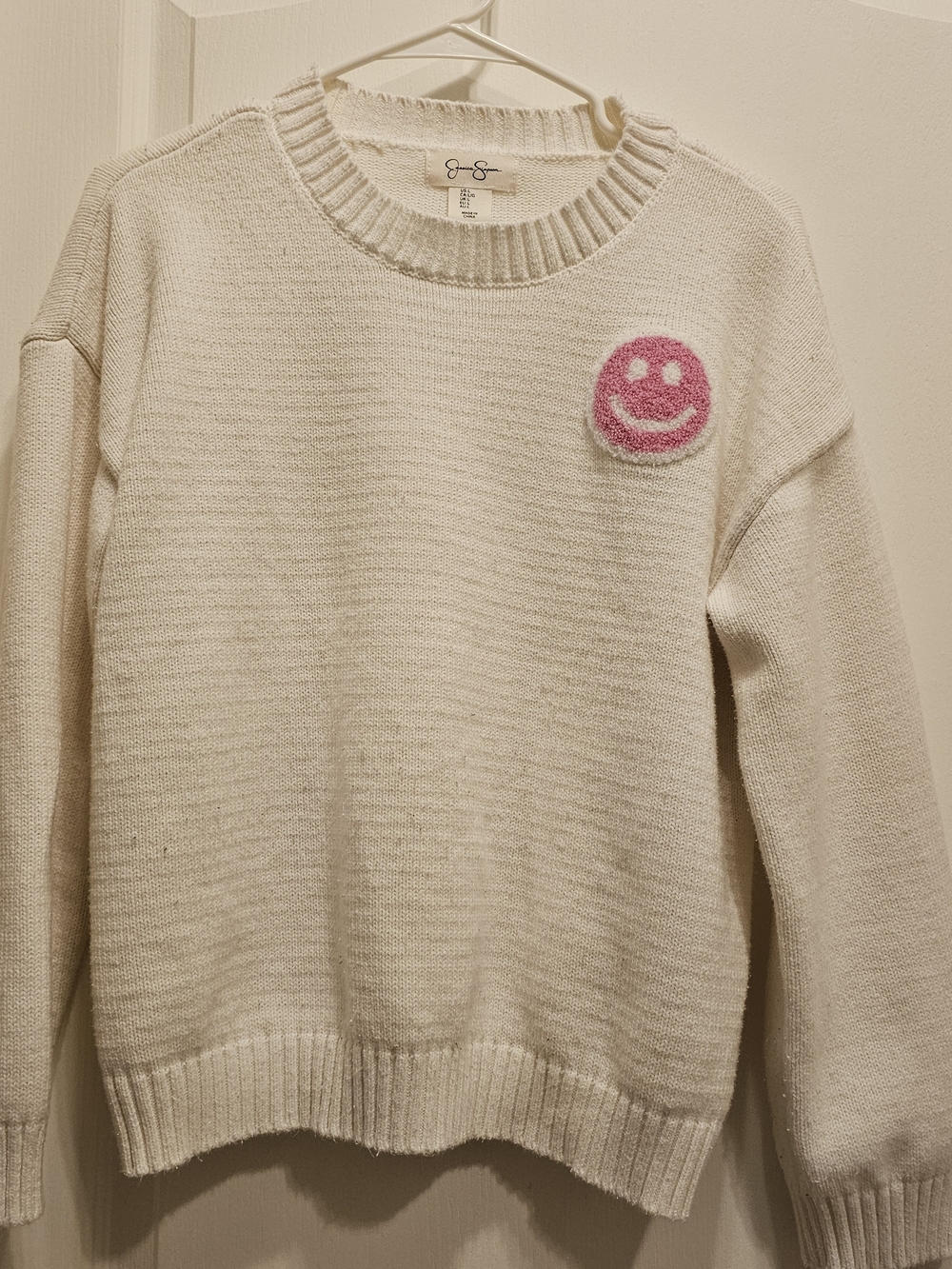 Jessica Simpson Cream Crewneck Sweater with Pink Smiley Patch Accent